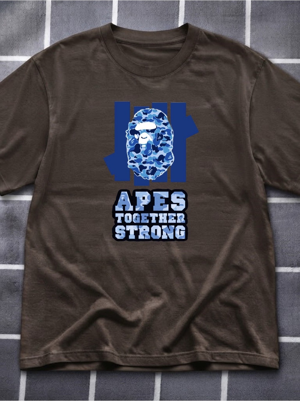 Gildan Brown Graphic Tee with Blue Camouflage Ape Print - Apes Together Strong